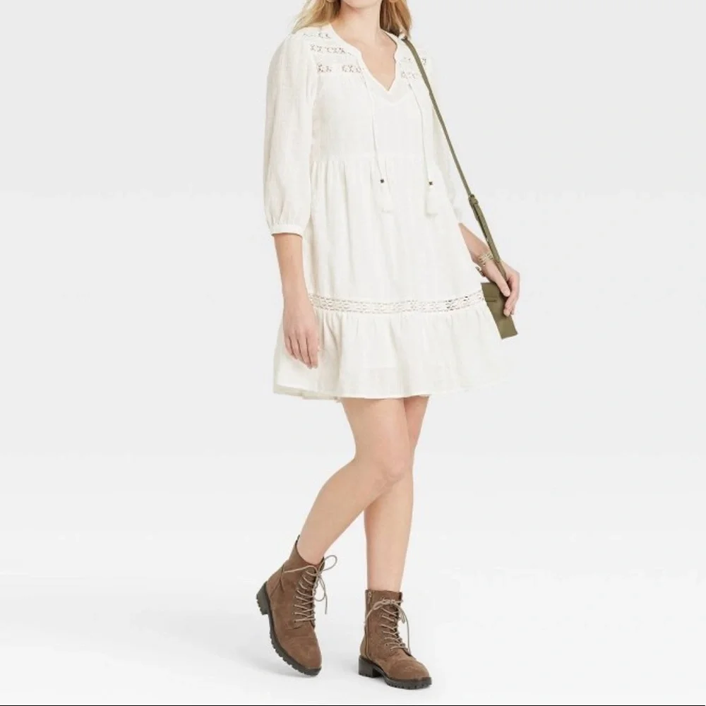 Women Boho Dress Long Sleeve Peasant Shift Ivory L - Picture 2 of 6
